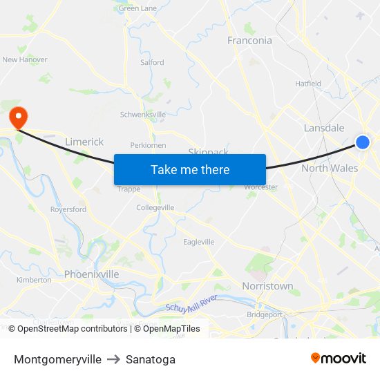 Montgomeryville to Sanatoga map