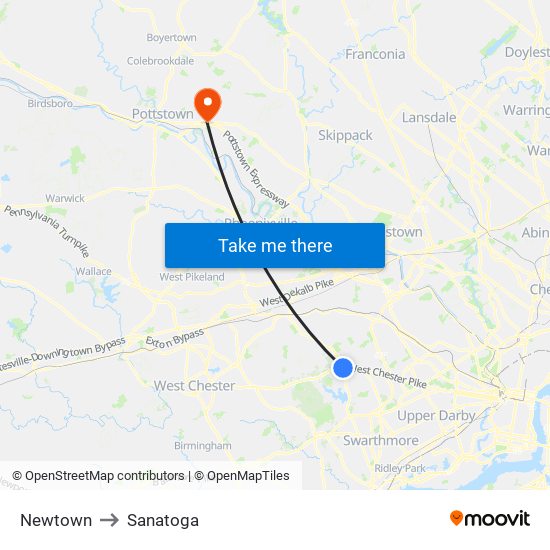 Newtown to Sanatoga map