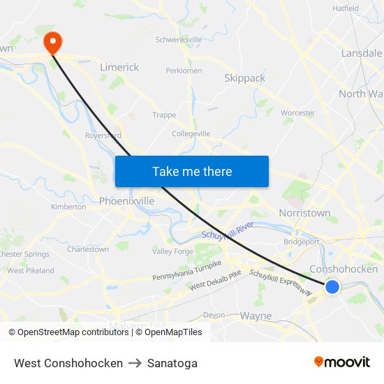 West Conshohocken to Sanatoga map