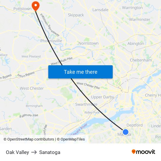Oak Valley to Sanatoga map