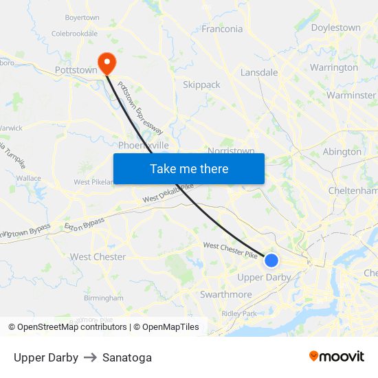 Upper Darby to Sanatoga map
