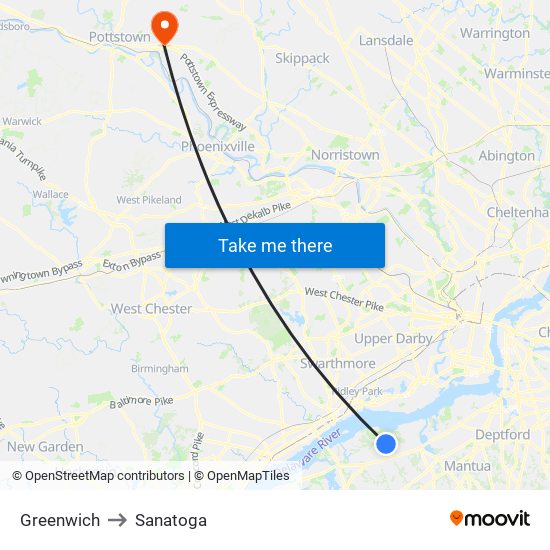 Greenwich to Sanatoga map