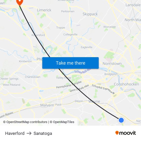 Haverford to Sanatoga map