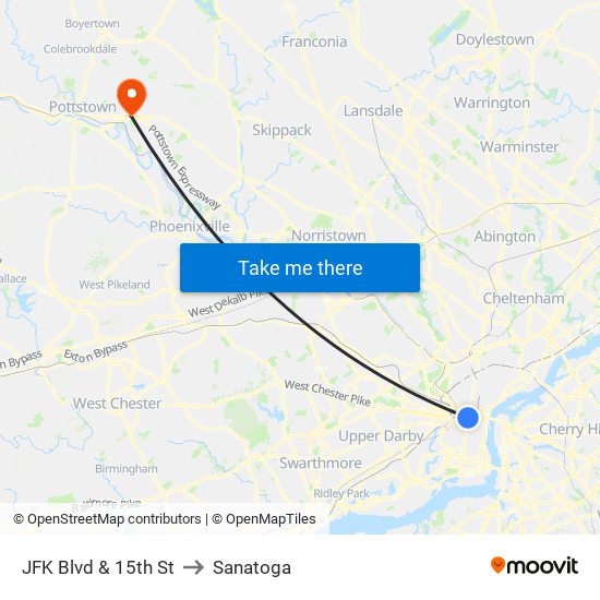 JFK Blvd & 15th St to Sanatoga map