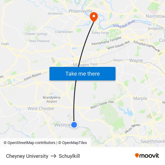 Cheyney University to Schuylkill map