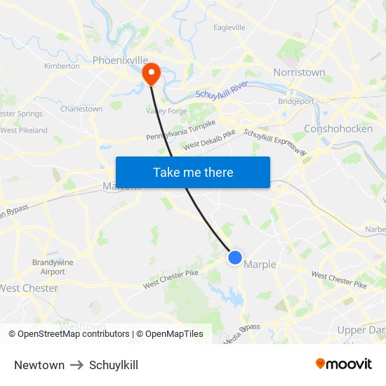 Newtown to Schuylkill map