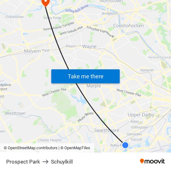 Prospect Park to Schuylkill map