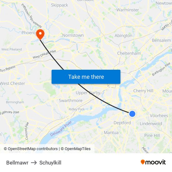 Bellmawr to Schuylkill map