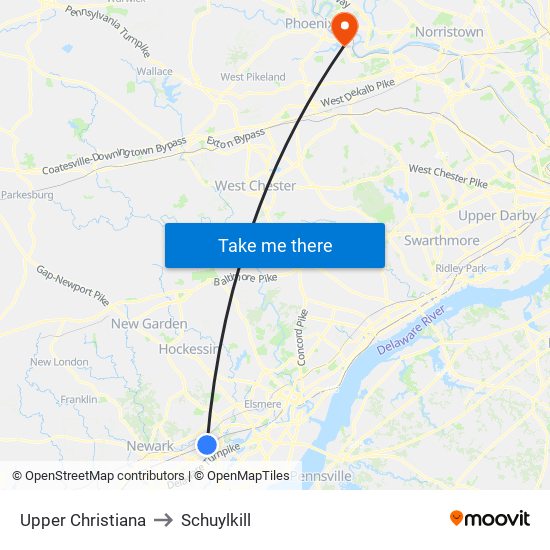 Upper Christiana to Schuylkill map