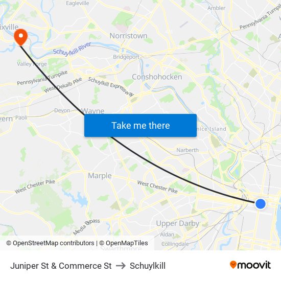 Juniper St & Commerce St to Schuylkill map