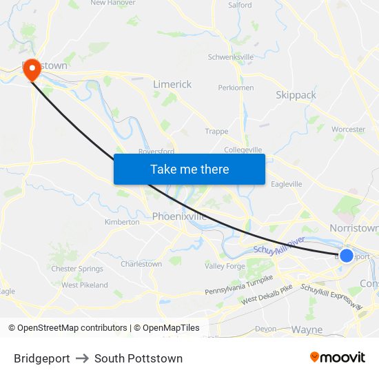 Bridgeport to South Pottstown map