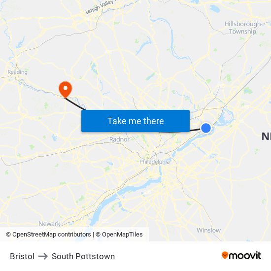 Bristol to South Pottstown map