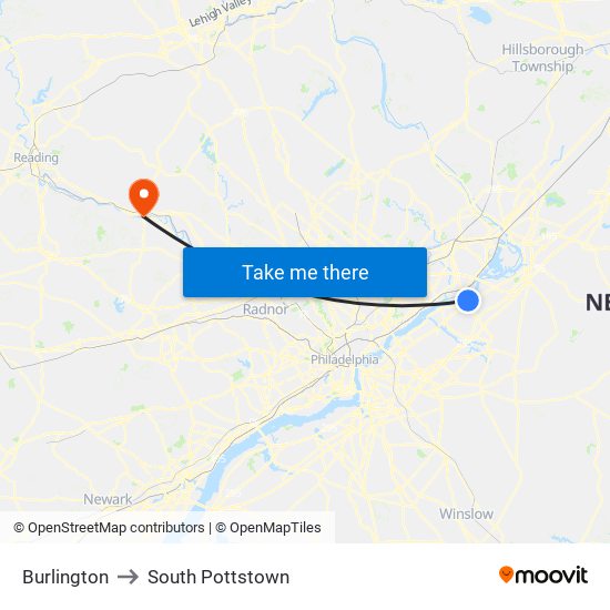 Burlington to South Pottstown map