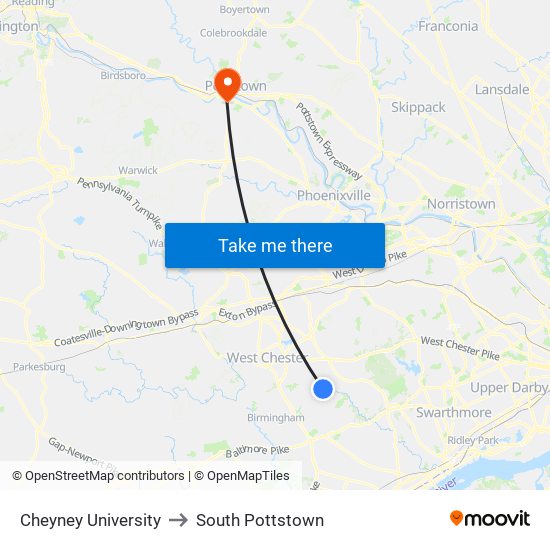 Cheyney University to South Pottstown map