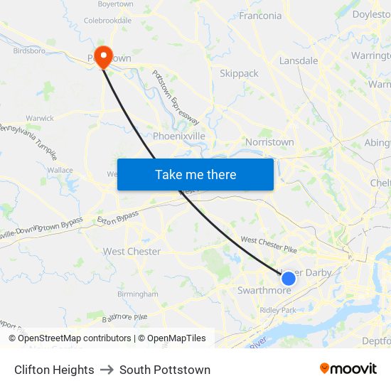 Clifton Heights to South Pottstown map