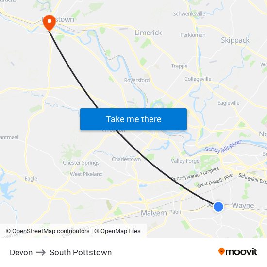 Devon to South Pottstown map