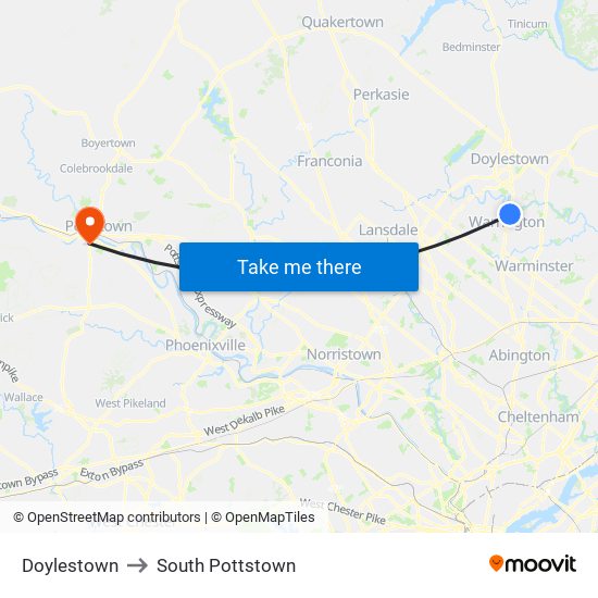 Doylestown to South Pottstown map