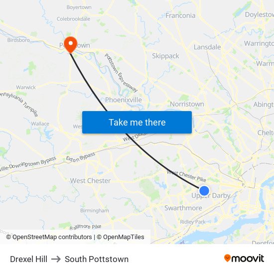 Drexel Hill to South Pottstown map