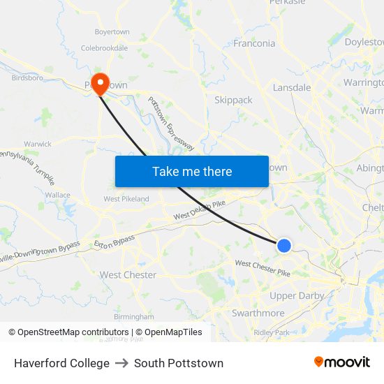 Haverford College to South Pottstown map