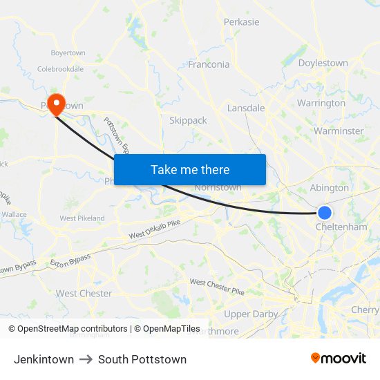 Jenkintown to South Pottstown map