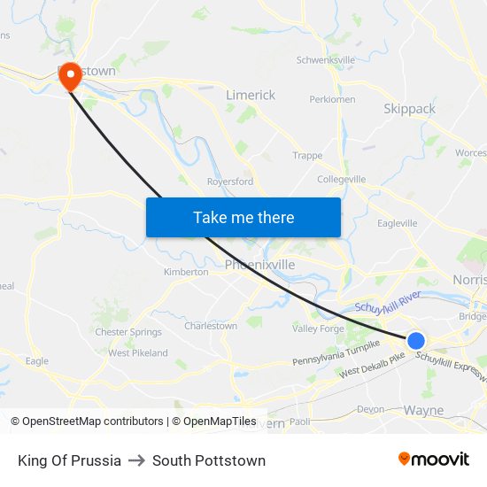 King Of Prussia to South Pottstown map