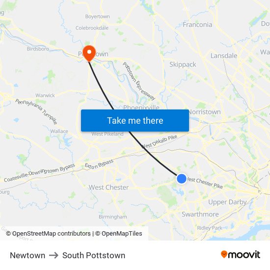 Newtown to South Pottstown map