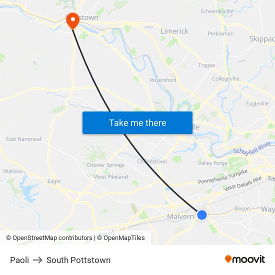 Paoli to South Pottstown map