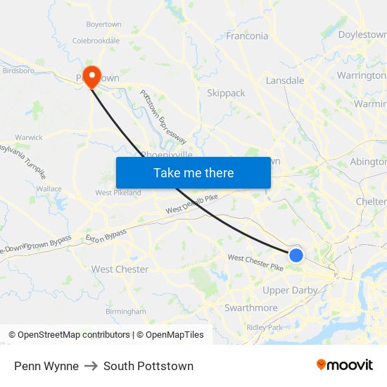 Penn Wynne to South Pottstown map