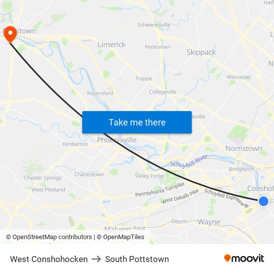 West Conshohocken to South Pottstown map