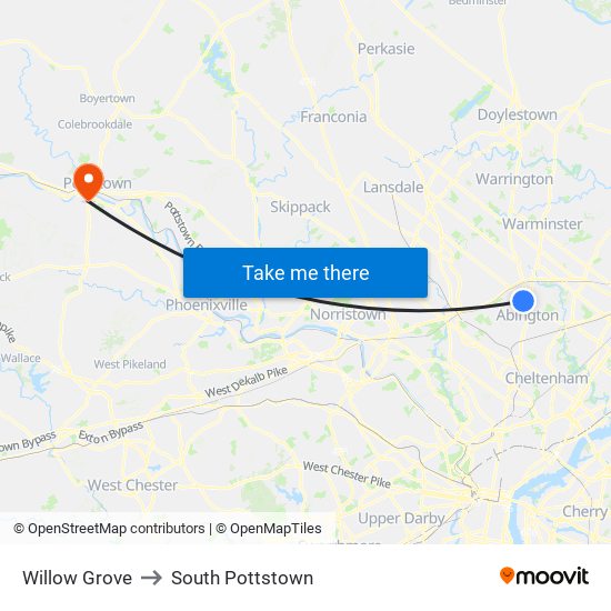 Willow Grove to South Pottstown map