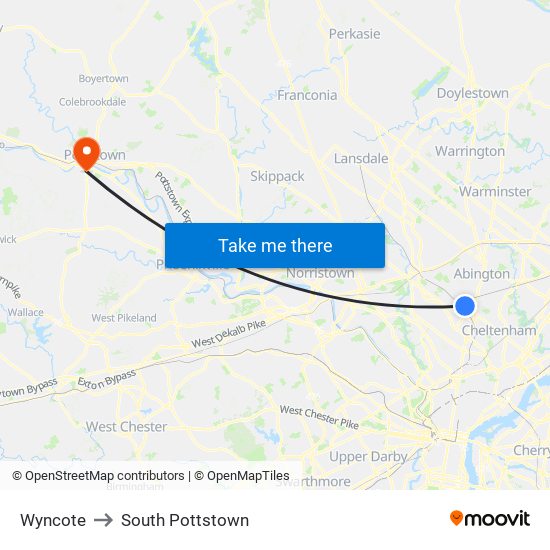 Wyncote to South Pottstown map