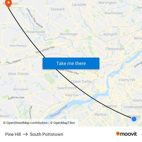 Pine Hill to South Pottstown map