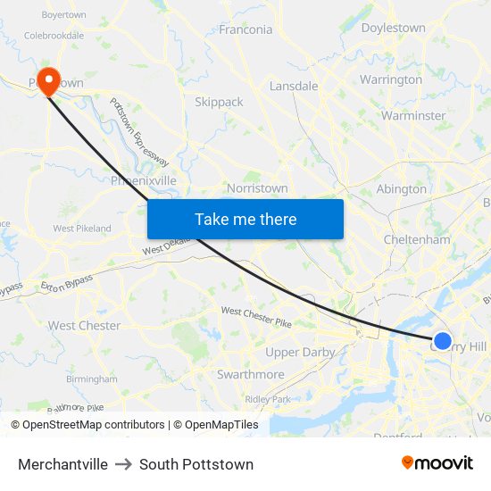 Merchantville to South Pottstown map