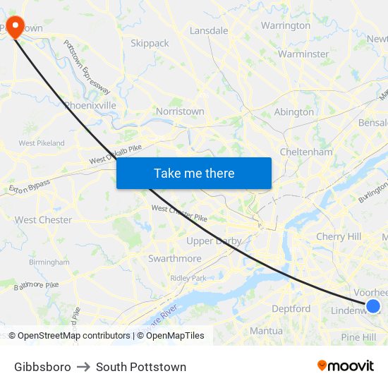 Gibbsboro to South Pottstown map