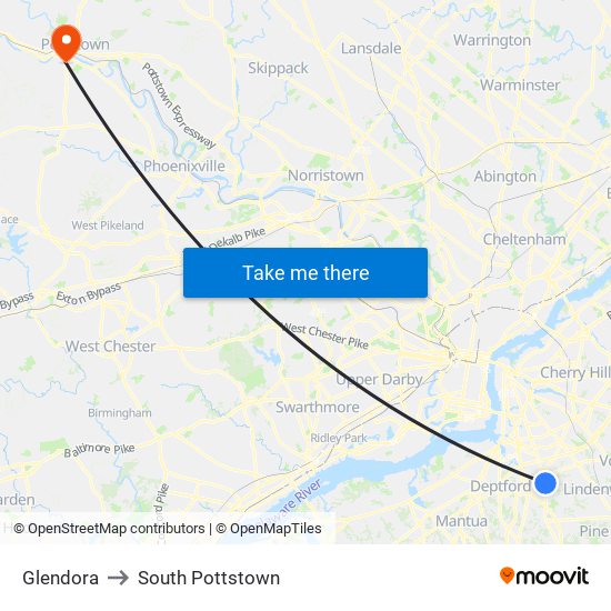 Glendora to South Pottstown map