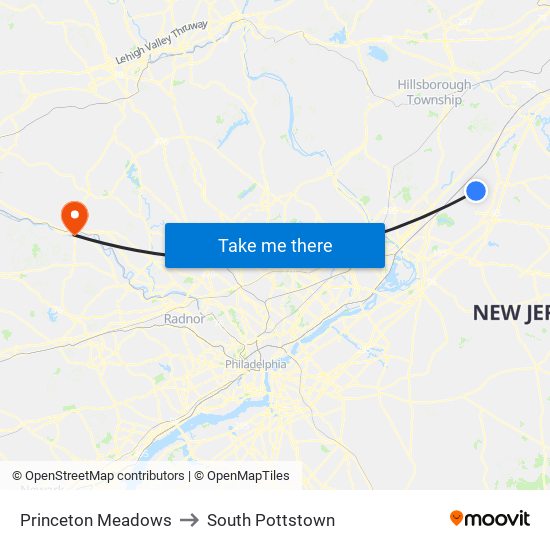 Princeton Meadows to South Pottstown map