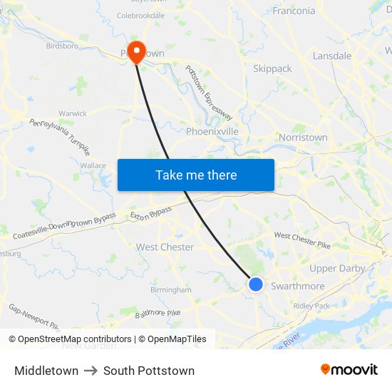 Middletown to South Pottstown map