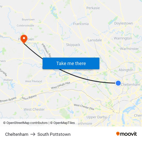 Cheltenham to South Pottstown map
