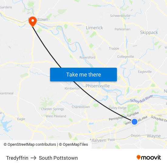 Tredyffrin to South Pottstown map