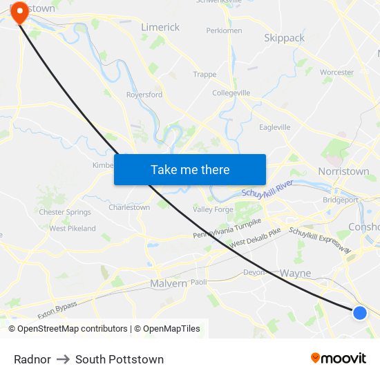Radnor to South Pottstown map