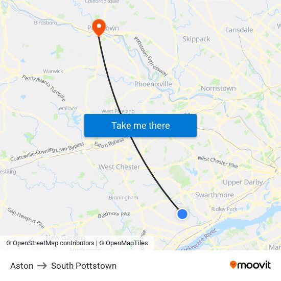 Aston to South Pottstown map