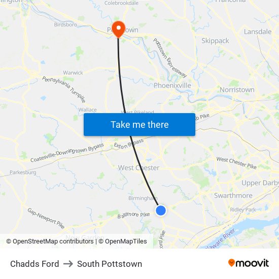 Chadds Ford to South Pottstown map