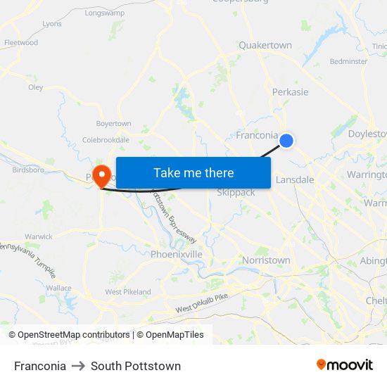 Franconia to South Pottstown map