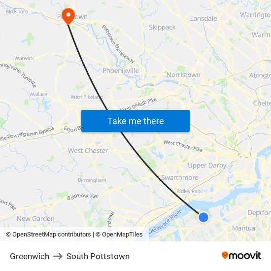 Greenwich to South Pottstown map