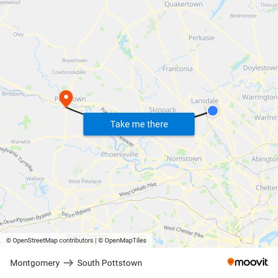 Montgomery to South Pottstown map