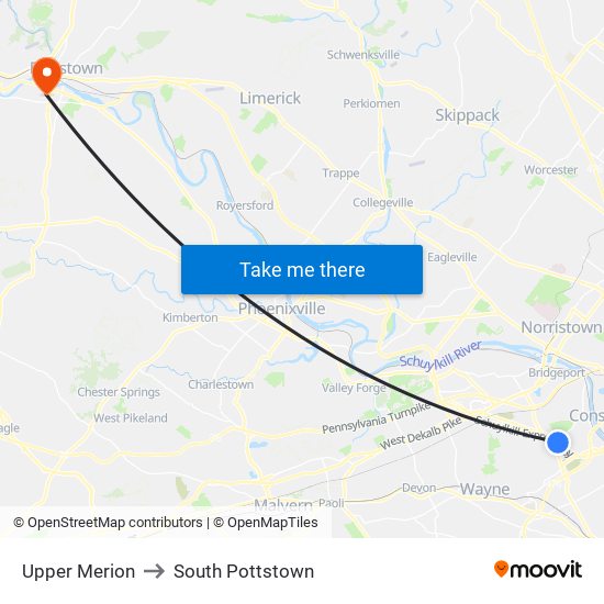 Upper Merion to South Pottstown map