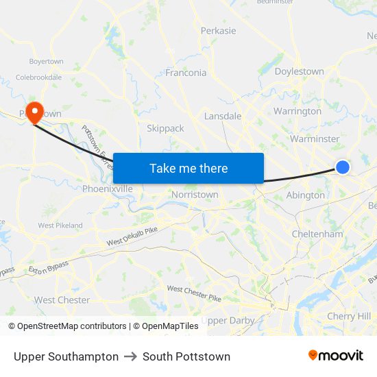 Upper Southampton to South Pottstown map