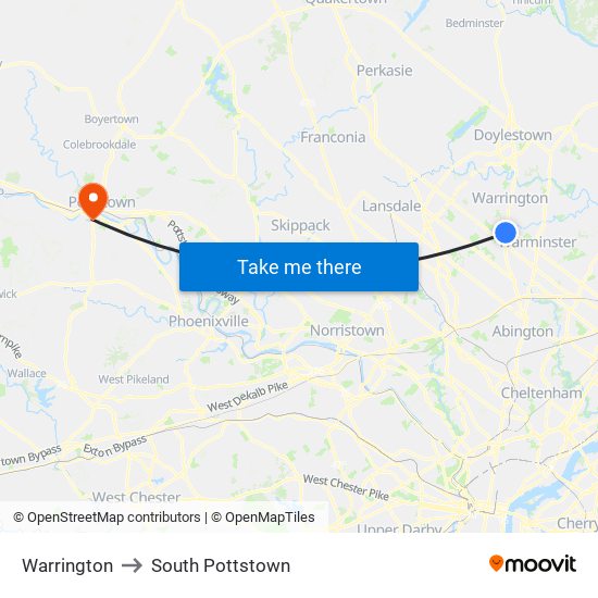 Warrington to South Pottstown map