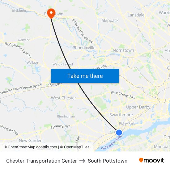 Chester Transportation Center to South Pottstown map