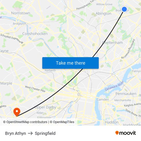 Bryn Athyn to Springfield map